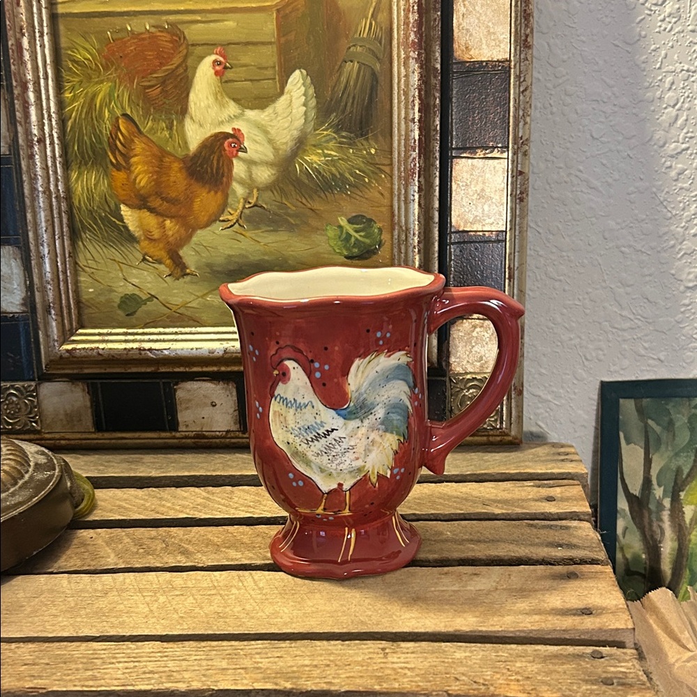 Red Ceramic Mug with Rooster Design cottage core classic, Farmhouse